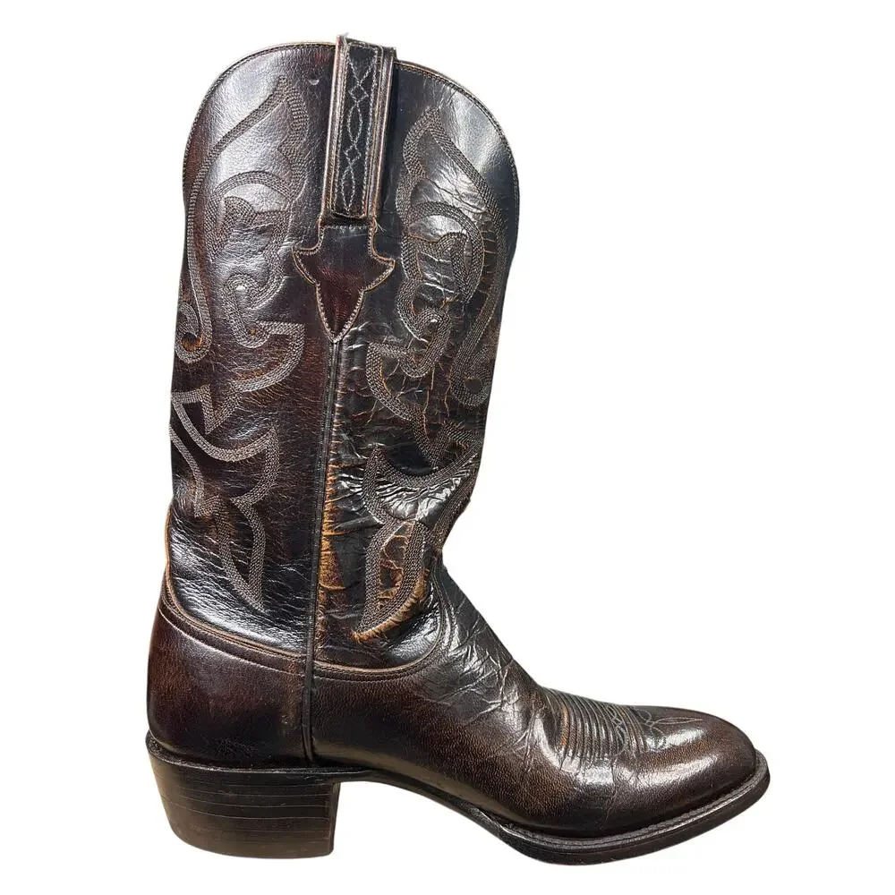 Vintage Lucchese Men’s Brown Leather Glossy Cowboy Boot Size US 8.5 D